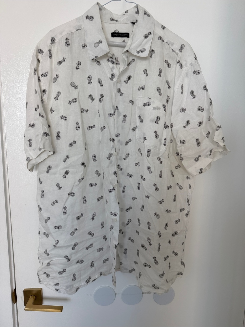 Saks Fifth Avenue White Short-Sleeve Button-Down with Black Pineapple Print